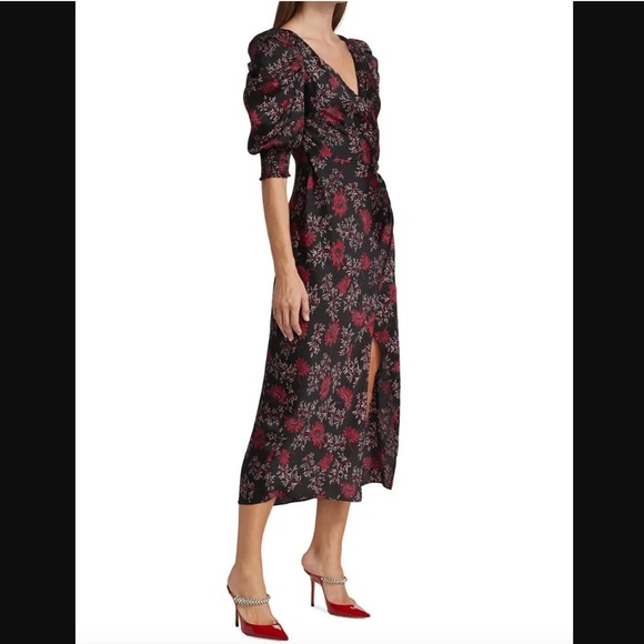 CINQ A SEPT Black Raspberry Floral puff sleeve Daisy Kacy Dress - Picture 3 of 9